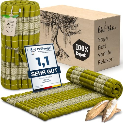 livasia Rollmatte Rollmatratze M schmal Einzelbett - 200x75x4,5cm - Gästebett Gästematratze 1 Person mit Muster, Reisebett Kofferraum outdoor, Thaimatte Kapok Garten handgefertigt (Grün)