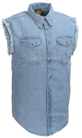 Milwaukee Leather DM1001 Men's Blue Lightweight Denim Shirt with Frayed Cut Off Sleeveless Look - 2X-Large
