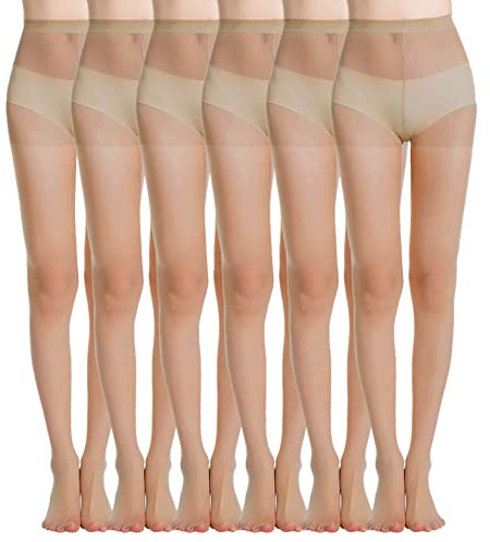MANZI Women's Everyday Energy 6-Pack Black Nude Silk Sheer Soft Tights 20 Denier (Natural Nude, XL)