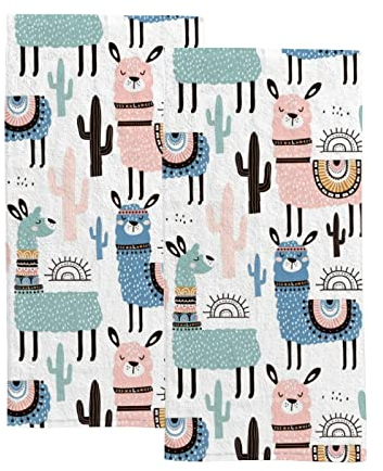 BALII Handtuch-Set Cartoon Lama Alpaka Kakteen, weich, saugfähig, ausbleichsicher, 2 Handtücher Baumwolle Badetuch für Gesicht, Fitnessstudio und Spa 35 cm x 75 cm
