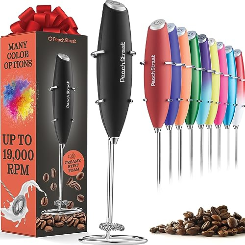 Powerful Handheld Milk Frother, Mini Milk Frother Wand, Battery Operated Stainless Steel Drink Mixer - Frother Stand for Milk Coffee, Lattes, Cappuccino, Frappe, Matcha, Hot Chocolate. Gift