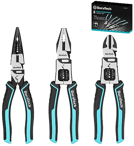 DURATECH 3PCS Pliers Set, Large 6 in 1 Multifunctional Wire Stripper Crimper Cutter, 8.5 Long Nose Pliers, 8.5 Linesman Pliers, 8 Diagonal Side Cutting