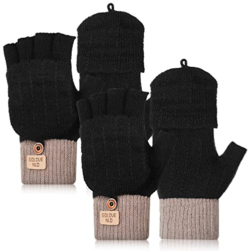 Neer 2 Pares de Mitones sin Dedos de Mujer Convertibles Guantes Térmicos de Medio Dedo de Punto
