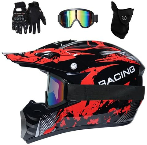 Adults Kids MTB Motocross Helmet Set, with Goggles Gloves Mask, Youth Full Face Off Road ATV Motorbike Helmet, Downhill Dirt Bike MX Quad Bike Enduro Crash Helmet ( Color : E , Size : M/54-55CM )