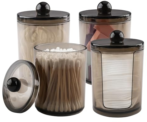 Vexillic Wattestäbchen Behälter, 4 Stück Wattepadspender Acryl Schminktisch Organizer Qtip Halter Spender mit Bambus Deckel für Wattebällchen, Wattestäbchen, Wattepads, Zahnseide (Schwarz)
