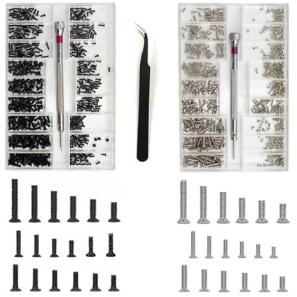 Aililong Juego de 960 mini tornillos con destornillador y pinzas, surtido de tornillos pequeños para relojes, gafas, ordenador portátil, tornillos de reparación (negro y plateado)