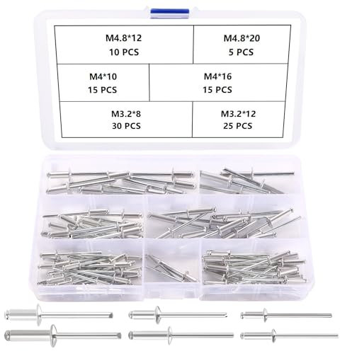 YIXISI 100 Pezzi 6 Dimensioni M3.2 / M4 / M4.8 Rivetti Ciechi in Alluminio Kit, Grande Flangia Alluminio Rivetti Ciechi, Rivetti Ciechi con Testa a Cupola, per Metallo Legno Plastica
