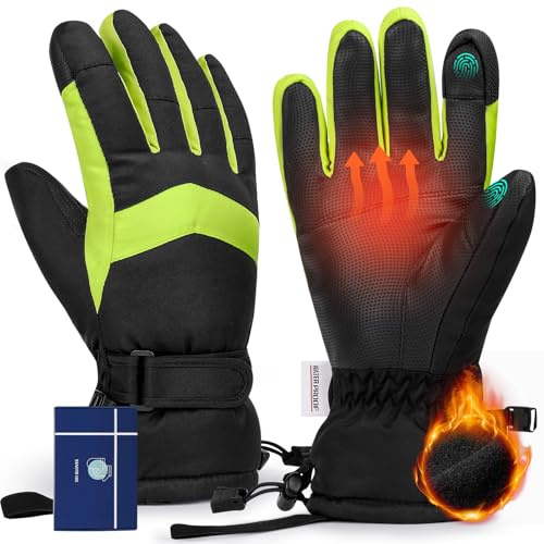 Hyeek Guantes Invierno Mujer, Impermeables Guantes Ski Tactiles Guantes Nieve Guantes de Esquí para Moto, Snowboard, Bici, Ciclismo, Running (Black+Green, Large)