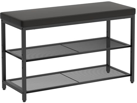 Mondeer Schuhbank mit Gepolsterter Sitzfläche, Schuhregal mit 2 Gitterablagen Höhenverstellbar Platzsparend Industriestil, für Eingang Flur Schlafzimmer, 80 x 30 x 50 cm, Schwarz