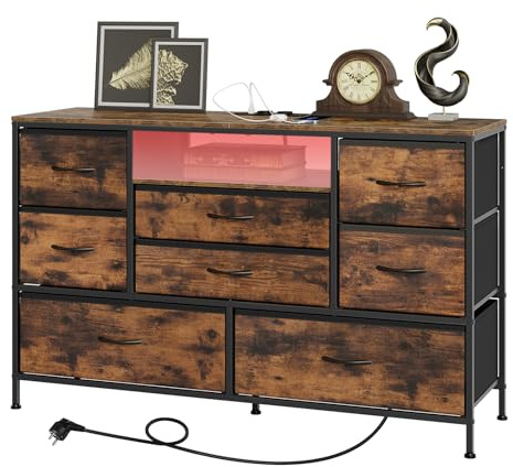 WOLTU Kommode mit 8 Stoffschubladen, Stauraum für Wohnzimmer, Schlafzimmer, Flur, mit LED-Fernbedienung, Typ-C+USB-A & 2 AC-Steckdosen, Metallrahmen, Vintage Braun-Schwarz, 120x36x75cm, SSK013vbn