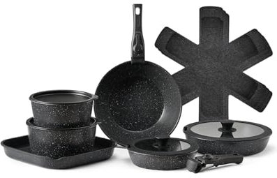 VEVOR Batterie de cuisine, 17 pcs, ensemble de casseroles et poêles à induction avec revêtement anti-adhésif, poignée amovible et couvercles en verre trempé, passe au four, pour camping-car, noir