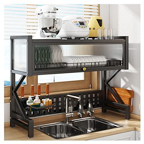 Escurreplatos multifuncional con cesta colgante, escurridor de encimera expandible para fregadero, solución de almacenamiento de cocina con ganchos para una organización eficiente.
