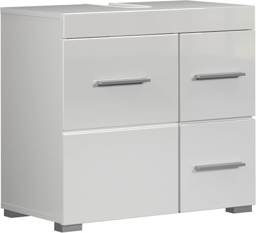 Waschbeckenunterschrank Amanda Weiß / Weiß Hochglanz · B 60 x H 56 cm | B 60 x H 56 x T 34 cm · Vollauszug · feuchtraumgeeignet · 1 Tür, 2 Schubladen, 1 Einlegeboden