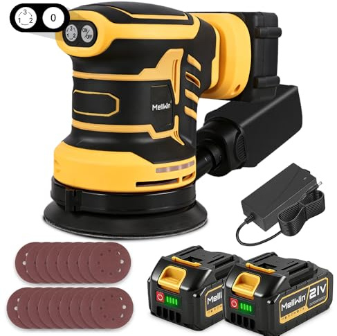 MELLWIN Akku Schleifer 125mm Schleifmaschine Akku Exzenterschleifer 12000U/min, mit Staubbeutel und 15 Schleifpapier（2 3000mAh Akkus）