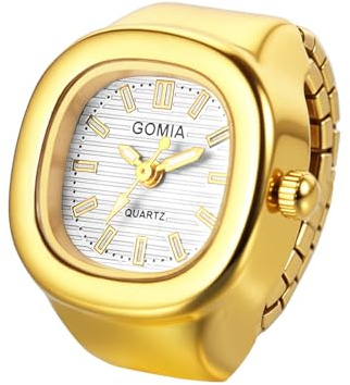 OIDEA Finger Watches Ring for Women Men: Simple Gold Square Dial Analog Quartz Clock Ring Watches with Stainless Steel Elastic Strap White