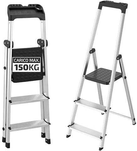Scala Pieghevole in Alluminio a 3 Gradini con Portaoggetti Integrato || EN-131 || Portata 150kg || Scaletta Domestica Antiscivolo, Stabile e Leggera, con Vassoio Portautensili per Casa e Fai da Te