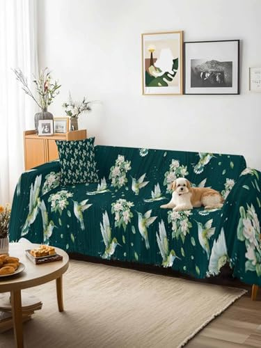 Green Summer Botanical Sofa Cover Blanket Couch Covers for Armchair Cushion,Couch Sofa Silpcover with Tassel,Spring Floral Birds Farmhouse Living Room Bedroom Throw Towel Blanket Covers XX-L 71x150