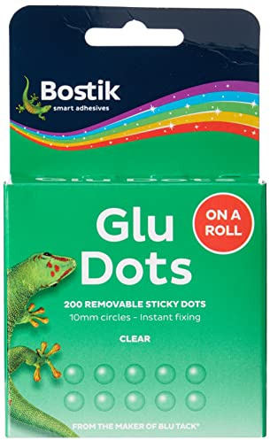 Bostik Glu Dots on a Roll Clear - 200 Dots Pack - Removable Double Sided Adhesive - Instant Fixing & Crafts - Easy to Use No Mess