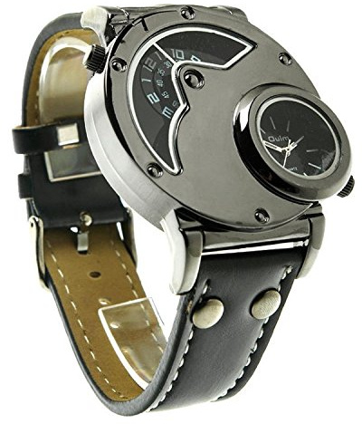 New Russian Aviator Pilot Army Military Sports Quartz Mens Wrist Watch Dual Time Black Leather Band [Black]
