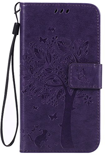 Fatcatparadise Galaxy J3(2016)/J3(2015)/J310 Case[With Tempered Glass Screen Protector], Retro Flip Case, Pressed Pattern Design PU Leather Case for Samsung Galaxy J3(2016)/J3(2015)/J310(Purple)
