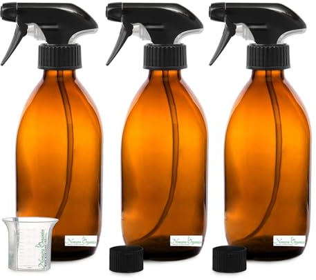 Nomara Organics Amber Glass Spray Bottles 300mL, 3 Pack- BPA Free, Refillable, Reusable Pump Containers for Organic Beauty or Kitchen, Bathroom Cleaning Products.