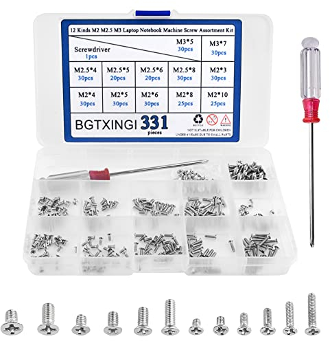 BGTXINGI 335pcs 12 types M2 M2.5 M3 pour ordinateur portable ordinateur portable machine Lot de vis en acier inoxydable Croix plate à encastrer Poêle Vis à tête Assortiment kit