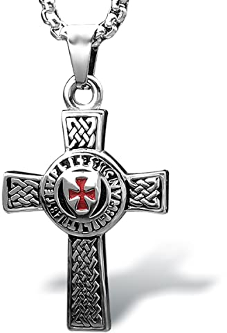 bahamut Knights Templar Cross Pendant Necklace for Men Boys Stainless Steel Vintage Crusader Holy Knight Jewelry with 25 inches Chain (Silver Knight Cross)