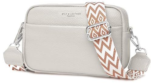 Crossbody Bag Damen, Echtes Leder Umhängetasche Klein Mode Mit Breitem Gurt, Schultertasche Handytasche zum Umhängen für Arbeiten Einkaufen Dating Reisen, Beige