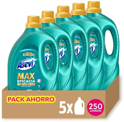 Asevi Detergente Líquido para Lavadora Max Eficacia - Detergente Hipoalergénico Concentrado para Ropa Blanca y de Color - Poder Quitamanchas para una Ropa Limpia y Fresca - Pack 5 x 50 Lavados