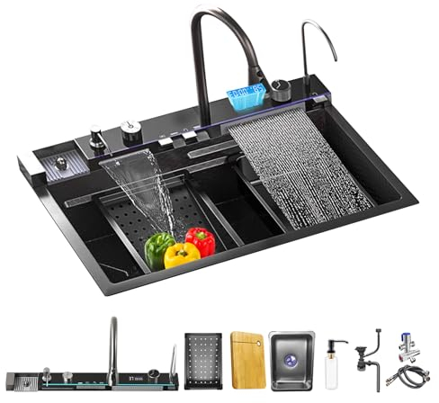 Évier Cuisine 1 Bac Relief en cascade Évier de cuisine en Acier inoxydable Grisfoncé Pour laver les légumes et la vaisselle avec Tout en un Robinet à tirette cascade (80 * 46 * 22CM, Grisfoncé)