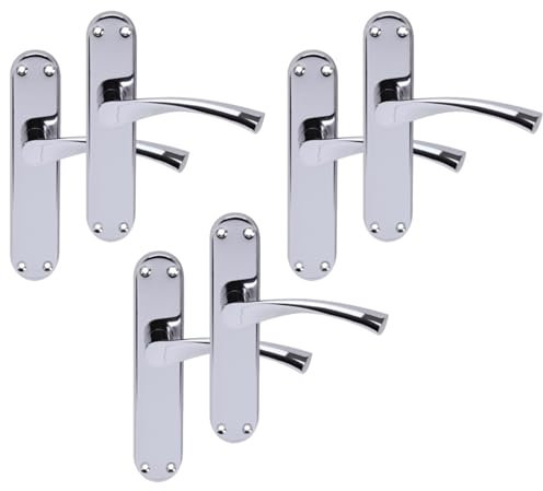 Hunta HANDLEZONE® 3 Pairs Lobo Polished Chrome Lever Latch Door Handle Set on Long Backplate, for Internal Doors