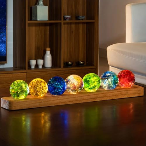 Tashace Bola de Cristal Brillante con luz de Noche, 7 Bolas de Cristal de Colores con lámpara LED, Soporte de Madera for decoración del hogar, Sala de Estar(7 Rectangular Bases)