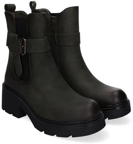 86728 Botines de Tacon para Mujer, Comodos y Elegantes, Material Elastico, Detalle de Hebilla, con Suela Dentada, Punta Redonda, Cremallera Lateral, Ideales para Otono-Invierno. Verde Talla 37