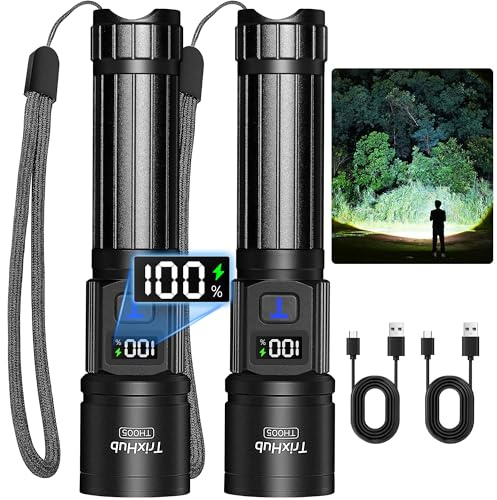 TrixHub Rechargeable Flashlights 2 Pack, Super Bright High Lumens Flash Light, 5 Modes Zoomable Linternas with LCD Digital Display, Powerful Handheld LED Flashlights for Home Emergencies Camping