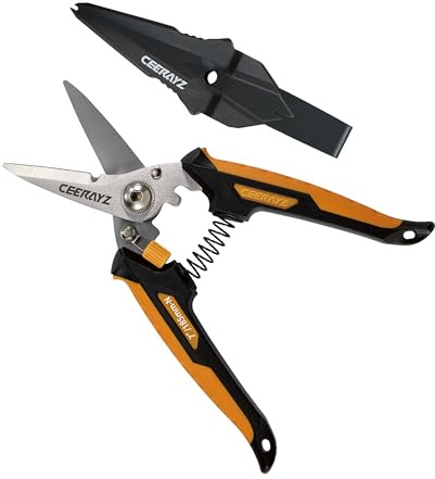 CEERAYZ 7 Notch Cisaille Multi Usage, Ciseaux industriels robustes, Cisaille de jardin pour projets DIY, bureau, lignes de production et jardinage, avec étui protecteur (Noir Orange)