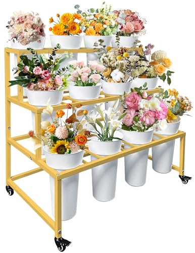 PROLEE Flower Stand with 12 Buckets, Flower Display Stand with Wheels, Flower Cart, Moving Florist Bouquet Shelf, Rectangular, Gold