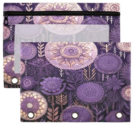 Fuauuyl Estuche para lápices de mandala circular morado para carpeta de 3 anillas, estuche transparente con ventana para carpetas, bolsas de lápices con cremallera, paquete de 2, b, one sizex2,