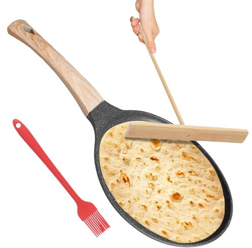WANDGU 20cm Poêle à Crêpes: Poêle à Crêpes Antiadhésive, Crêpière avec Revêtement Antiadhésif, Poignée Confortable et Ergonomique, avec étaleur de Pâte et Spatule en Bois pour Tous Feux, Induction