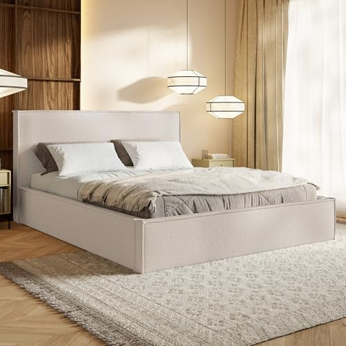 MOTIVENA Boho Bett 120x200 Beige Boucle, mit Stauraum, mit Kopfteil, mit Lattenrost, ohne Füße, mit Matratze H3/H4, Polsterbett 120x200 mit Bettkasten Beige (Creme)
