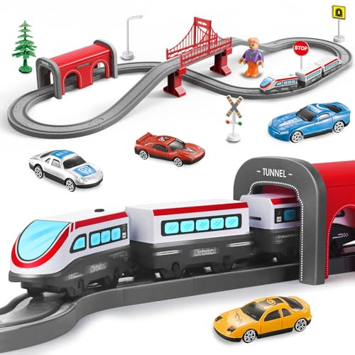 Eisenbahn Kinder Elektrisch,67 Teile Zug Spielzeug Sets mit Operated & Abbildung Acht magnetische Tracks, Kompatibel mit Brio, Geschenk für Kinder 3 4 5 6 7 8 Jahre (Jungen & Mädchen)-Rot