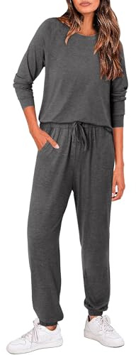 Magritta Womens Travel Outfits Two Piece Long Sleeve Tracksuits Full Set Plus Size Pyjamas Ladies Lounge Wear Sets Crew Neck Sweatshirts and Jogging Bottoms with Pockets Fall Clothing Grey Medium