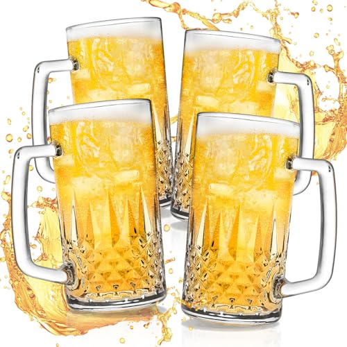 Cambareign Beer Mug Set of 4, 580ml Crystal Beer Glasses with Handle, Large Glass Mugs for Freezer, Gifts for Men, Dad, Father's Day