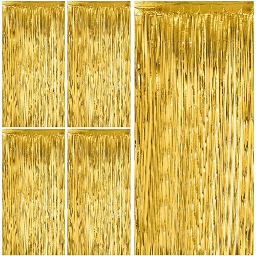 Gigmeta 5 Pezzi Tende Metalliche Oro, 1m x 2m Orpelli e Festoni Lamina Frangia per Sfondo Fotografico e Decorazioni Festa Compleanno