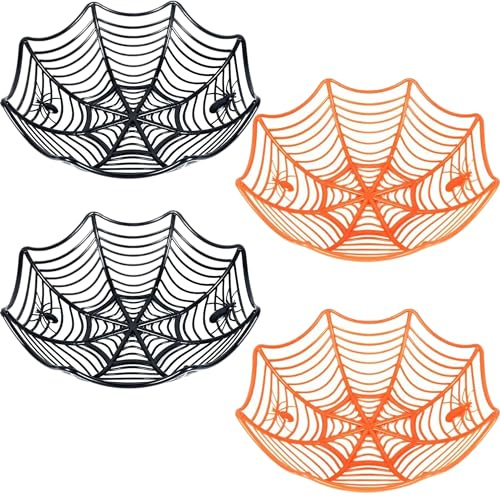 Carnavalife Cuencos de Halloween con Diseño de Telaraña, Bandejas Decorativas para Dulces, Fruta o Aperitivos, Platos para Fiestas y Reuniones Temáticas (4, Naranja+Negro)