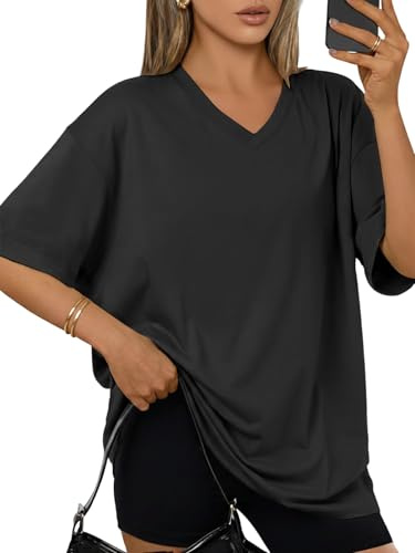 Cuptacc Tee Shirt Femme Col V Été Oversize Manches Courtes Haut 2026 Vacances Unie Grandes Tailles Fente Latérale Unique T Shirt Noir L