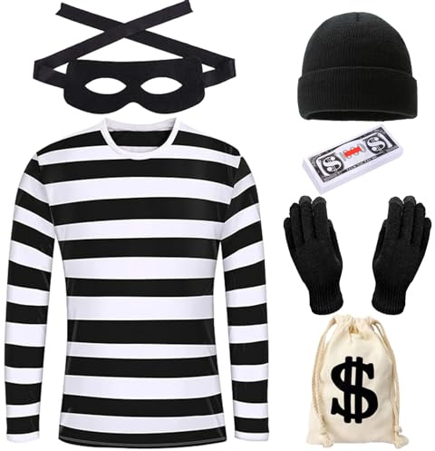 Deguisement Voleur Femme Homme, Costume Voleur Banque Rayures Noires Blanches avec Chapeau Gants Masque Sac Billets de Banque, pour Carnaval Halloween Cosplay