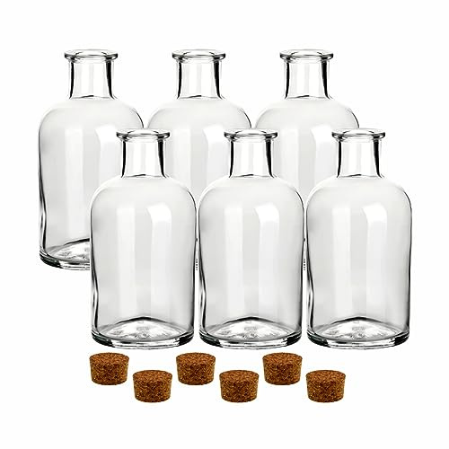 gouveo 6er Set Glasflaschen 500 ml Apotheker rund mit Korken (PK) - Flasche 0,5 l zum Befüllen und Verschenken - Leere Flasche für Gin, Likör, Schnaps, Öl, Essig (AFRT500PK)