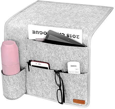 SIMBOOM Bolsa de cama de fieltro con soporte para botellas - bolsa de almacenamiento antideslizante para libros, revistas, iPad, teléfono celular, control remoto [3 paquetes] [gris]