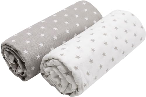 ZOLLNER 2er Set Musselin Spucktücher in 120x120 cm aus Baumwolle - hautfreundliche Mulltücher mit süßen Sternen - besonders weich und saugstark - waschbar bis 60°C - in grau weiß