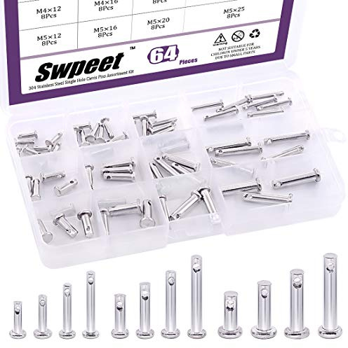 Swpeet 64Pcs 304 Stainless Steel M3 M4 M5 12 Type Clevis Pin Assortment Kit, Flat Head Pin with Hole Location Pin T-Shape Round Pin with Plastic Box